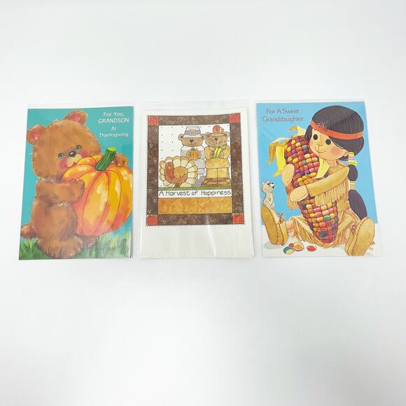 Carolyn Bean Thanksgiving Greeting Cards Lot of 3 Blank Grandson Granddaughter - Picture 1 of 5
